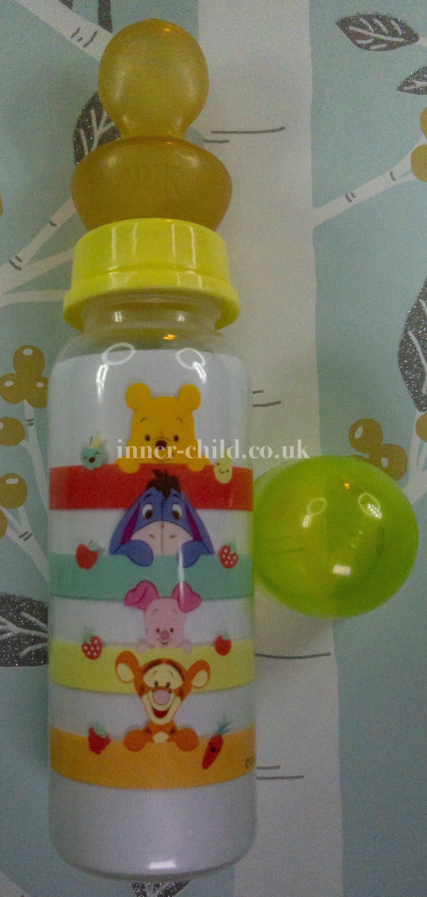 Winnie, Eeyore, Piglet & Tigger as babies lime green bottle