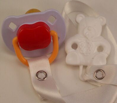 Mauve & Red Dummy Pacifier & White Teddy Bear Clip