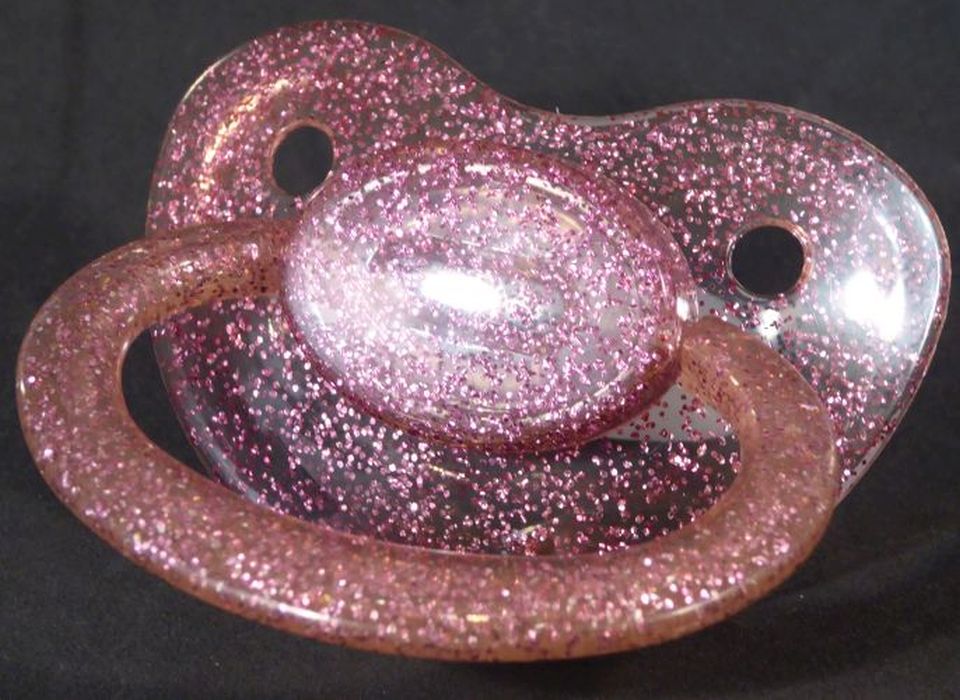 Transparent glitter purple Adult Sized Shield,  Pacifier, with Latex or Silicon teat